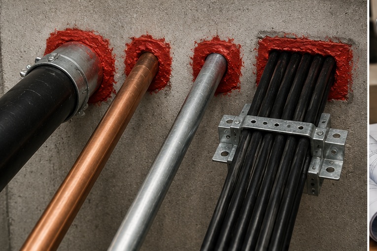 Representative firestop installation at a building penetration